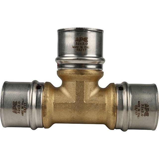 МП Тройник равнопроходный пресс для металлопласта STOUT Ø32х32х32
