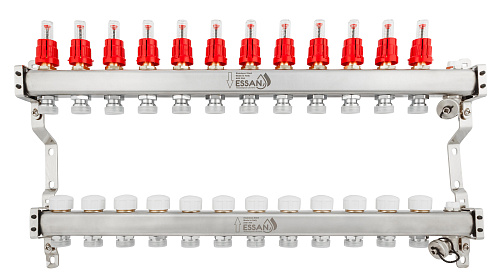 Коллекторная группа ESSAN GROUP802 нержавейка 1&amp;quot;x3/4&amp;quot; EK -12 выходов, с расходомерами (704 мм)