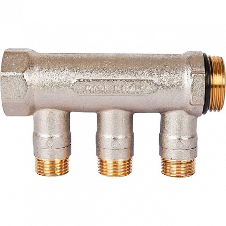 Коллектор распределительный шаровой STOUT никель 1&quot;x1/2&quot; -3 выхода, (синие ручки), евроконус