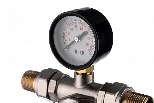 Фильтр промывной с манометром ГЕЙЗЕР БАСТИОН Ø53 никель 1/2&amp;quot; АМ-АМ, 90 мкм, латунная колба