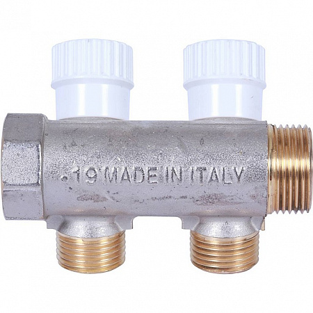 Коллектор распределительный вентильный STOUT никель 3/4&quot;x1/2&quot; -2 выхода, (белые ручки), плоский