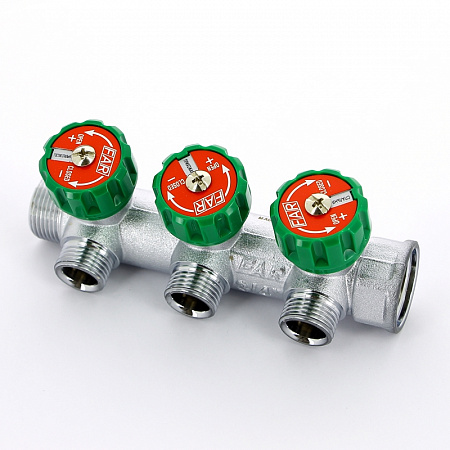 Коллектор распределительный вентильный FAR никель 3/4&quot;x1/2&quot; -3 выхода, EU евроконус с вставкой 