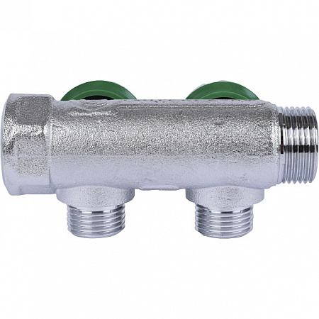 Коллектор распределительный вентильный STOUT никель 3/4&quot;x1/2&quot; -2 выхода, (зеленые ручки), евроконус