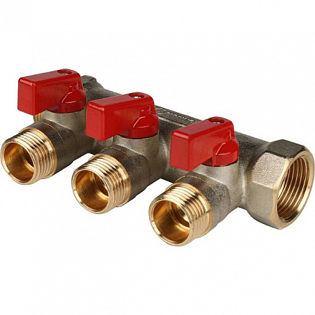 Коллектор распределительный шаровой STOUT никель 3/4&quot;x1/2&quot; -3 выхода, (красные ручки), плоский
