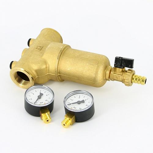 Фильтр промывной два манометра UNI-FITT без покрытия 1&amp;quot; ВР-ВР, 300 мкм, латунная колба