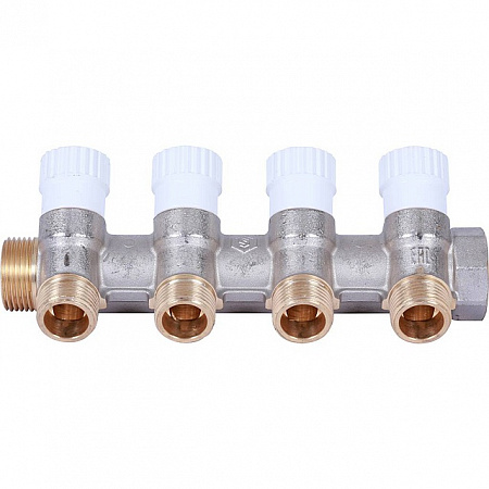 Коллектор распределительный вентильный STOUT никель 3/4&quot;x1/2&quot; -4 выхода, (белые ручки), плоский