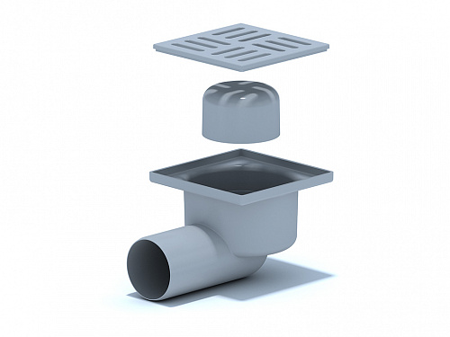 Трап пластиковый угловой горизонтальный АНИПЛАСТ Ø50 мокрый сифон, пластиковая решетка 10х10 см