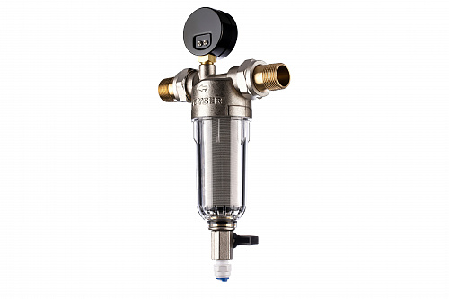 Фильтр промывной с манометром ГЕЙЗЕР БАСТИОН 112 Ø60 никель 3/4&amp;quot; АМ-АМ, 90 мкм, пластиковая колба