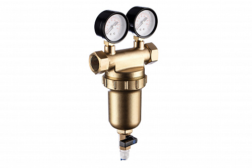 Фильтр промывной два манометра ГЕЙЗЕР БАСТИОН Ø76 без покрытия 3/4&amp;quot; ВР-ВР, 90 мкм, латунная колба