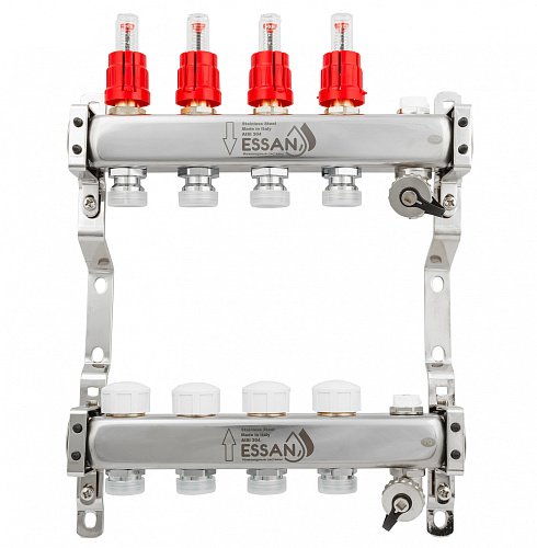 Коллекторная группа ESSAN GROUP802 нержавейка 1&amp;quot;x3/4&amp;quot; EK -4 выхода, с расходомерами (304 мм)