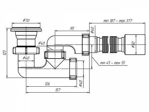 Сифон для душевого поддона регулируемый АНИПЛАСТ E215 11/2&amp;quot;х40 с гофрой 40х50