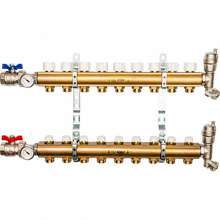 Коллекторная группа STOUT латунная 1&quot;x3/4&quot; EK -9 выходов, без расходомеров (краны + воздухо.)