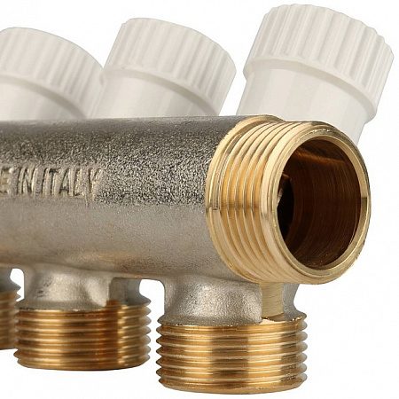 Коллектор распределительный вентильный STOUT никель 3/4&quot;x3/4&quot; -3 выхода, (белые ручки), евроконус