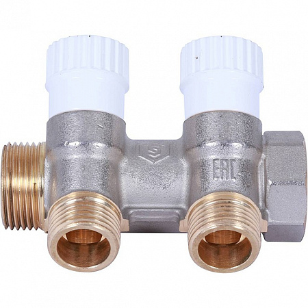 Коллектор распределительный вентильный STOUT никель 3/4&quot;x1/2&quot; -2 выхода, (белые ручки), плоский