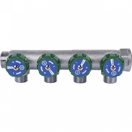 Коллектор распределительный вентильный STOUT никель 3/4&quot;x1/2&quot; -4 выхода, (зеленые ручки), евроконус