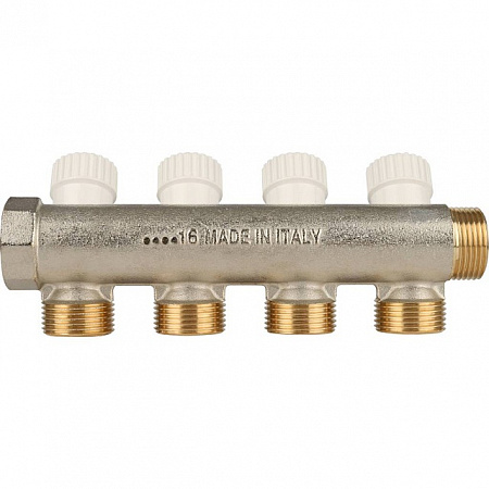 Коллектор распределительный вентильный STOUT никель 3/4&quot;x3/4&quot; -4 выхода, (белые ручки), евроконус