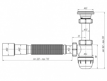 Сифон для умывальника пластиковый АНИПЛАСТ ЮНГ BM1016 11/4&quot;х32 с гибкой трубой 32х40/50