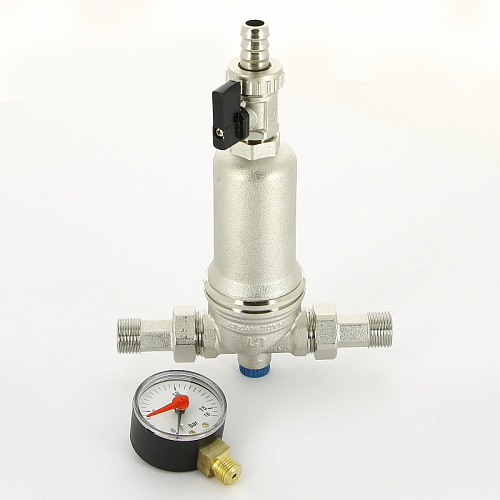 Фильтр промывной с манометром UNI-FITT никель 1/2&amp;quot; АМ-АМ, 100 мкм, латунная колба