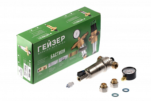 Фильтр промывной с манометром ГЕЙЗЕР БАСТИОН Ø53 никель 1/2&amp;quot; АМ-АМ, 90 мкм, латунная колба