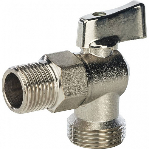 Кран шаровой потребительный угловой STOUT для стираных машин 1/2&amp;quot;х3/4&amp;quot; НН, никель