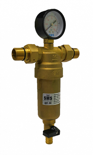 Фильтр промывной с манометром SMS 44-G1/2 без покрытия 1/2&amp;quot; АМ-АМ, 100 мкм, латунь колба