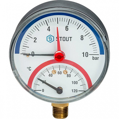 Термоманометр радиальный STOUT Ø80-1/2&amp;quot;, 10 бар, вертикальное подключение, +120°C
