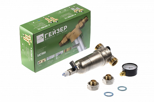 Фильтр промывной с манометром ГЕЙЗЕР БАСТИОН 122 Ø60 никель 1/2&amp;quot; АМ-АМ, 90 мкм, латунная колба