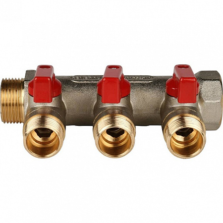 Коллектор распределительный шаровой STOUT никель 3/4&quot;x1/2&quot; -3 выхода, (красные ручки), плоский