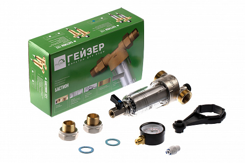 Фильтр промывной с манометром ГЕЙЗЕР БАСТИОН 112 Ø60 никель 3/4&amp;quot; АМ-АМ, 90 мкм, пластиковая колба