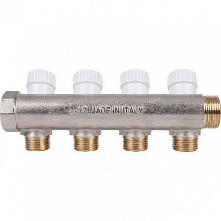 Коллектор распределительный вентильный STOUT никель 3/4&quot;x1/2&quot; -4 выхода, (белые ручки), евроконус