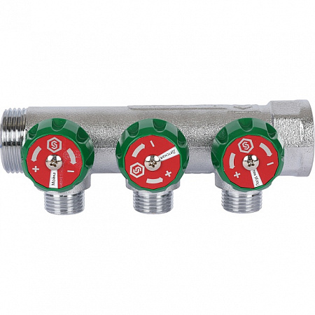 Коллектор распределительный вентильный STOUT никель 3/4&quot;x1/2&quot; -3 выхода, (зеленые ручки), плоский