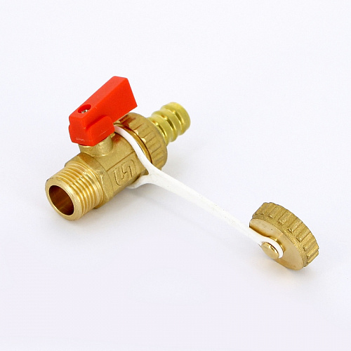 Кран шаровой потребительный UNI-FITT 1/2&amp;quot;x3/4&amp;quot; НН сливной со штуцером и заглушкой, флажок красн мета