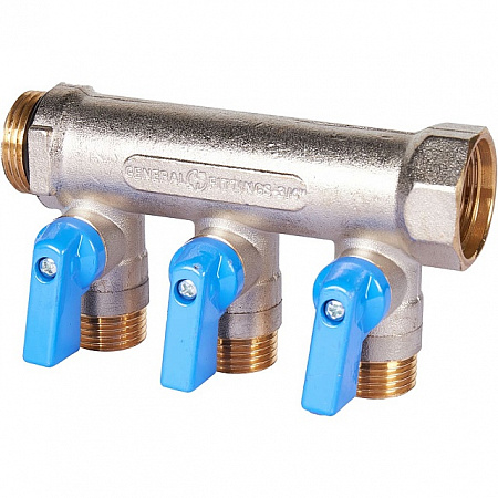 Коллектор распределительный шаровой STOUT никель 3/4&quot;x1/2&quot; -3 выхода, (синие ручки), евроконус