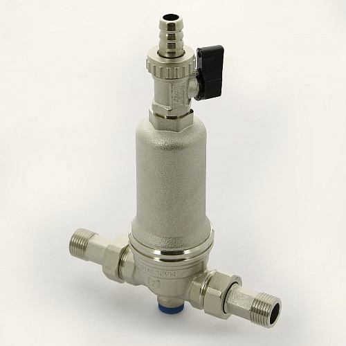 Фильтр промывной с манометром UNI-FITT никель 1/2&amp;quot; АМ-АМ, 100 мкм, латунная колба