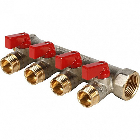 Коллектор распределительный шаровой STOUT никель 3/4&quot;x1/2&quot; -4 выхода, (красные ручки), плоский