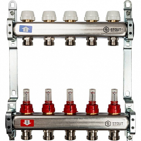 Коллекторная группа STOUT нержавейка 1&quot;x3/4&quot; EK -5 выходов, с расходомерами