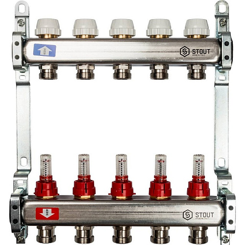 Коллекторная группа STOUT нержавейка 1&amp;quot;x3/4&amp;quot; EK -5 выходов, с расходомерами