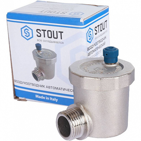 Воздухоотводчик автоматический угловой STOUT никель 1/2&quot;, без клапана, без уплотнителя, синий колп.