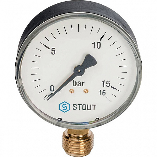 Манометр радиальный STOUT Ø80-1/2&amp;quot;, 16 бар, вертикальное подключение