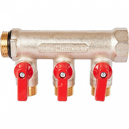 Коллектор распределительный шаровой STOUT никель 3/4&quot;x1/2&quot; -3 выхода, (красные ручки), евроконус