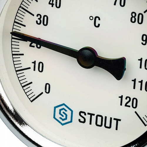 Термометр биметаллический погружной STOUT Ø63-1/2&amp;quot;, гильза 50 мм, резьба самоуплот, +120°C