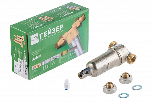 Фильтр промывной ГЕЙЗЕР БАСТИОН 121 Ø60 никель 1/2&amp;quot; АМ-АМ, 90 мкм, латунная колба