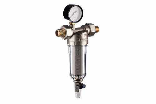 Фильтр промывной с манометром ГЕЙЗЕР БАСТИОН 112 Ø60 никель 1/2&amp;quot; АМ-АМ, 90 мкм, пластиковая колба