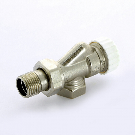 Вентиль термостатический угловой-осевой UNI-FITT 1/2" HВ с разъемным соединением, никелир.