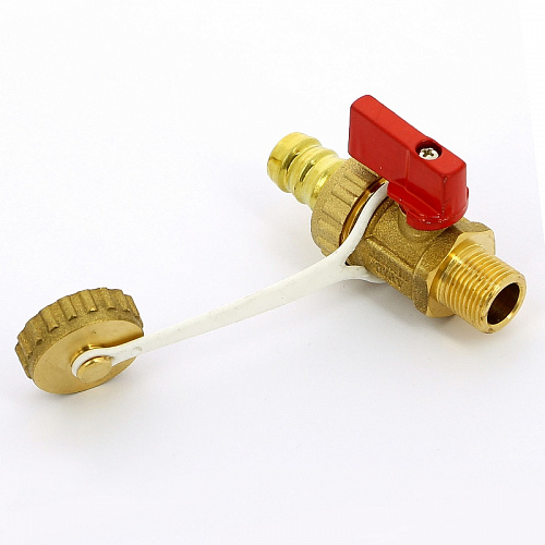 Кран шаровой потребительный UNI-FITT 3/8&amp;quot;x3/4&amp;quot; НН сливной со штуцером и заглушкой, флажок красный ме