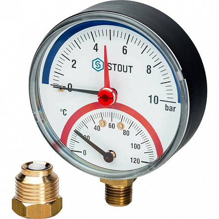Термоманометр радиальный STOUT Ø80-1/2&quot;, 10 бар, вертикальное подключение, +120°C