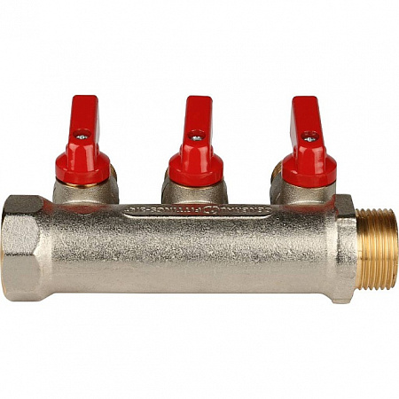 Коллектор распределительный шаровой STOUT никель 3/4&quot;x1/2&quot; -3 выхода, (красные ручки), плоский