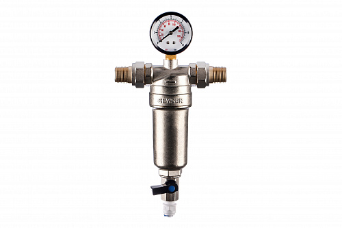Фильтр промывной с манометром ГЕЙЗЕР БАСТИОН Ø53 никель 1/2&amp;quot; АМ-АМ, 90 мкм, латунная колба