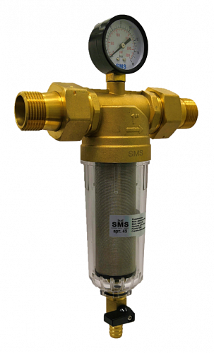 Фильтр промывной с манометром SMS 45-G1 без покрытия 1&amp;quot; АМ-АМ, 100 мкм, пластик колба