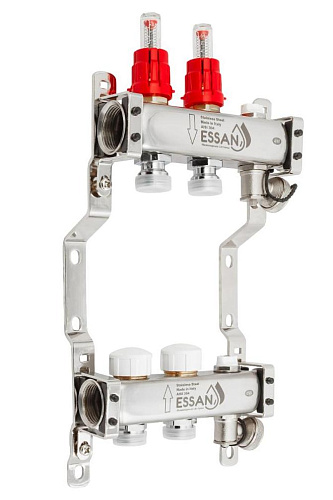 Коллекторная группа ESSAN GROUP802 нержавейка 1&amp;quot;x3/4&amp;quot; EK -2 выхода, с расходомерами (204 мм)